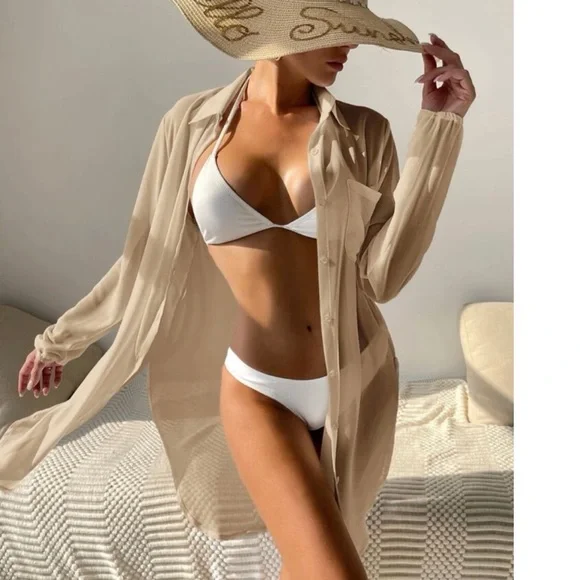 Shirt kimono bikini cover-up button collar slit side khaki top beach summer - Picture 5 of 5